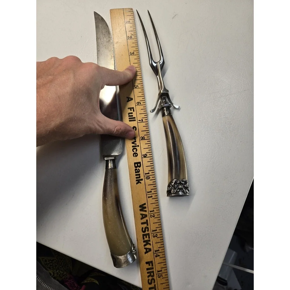 VTG Antique J. A. Henckels Sterling Silver Meat Carving Set Horn Knife Fork